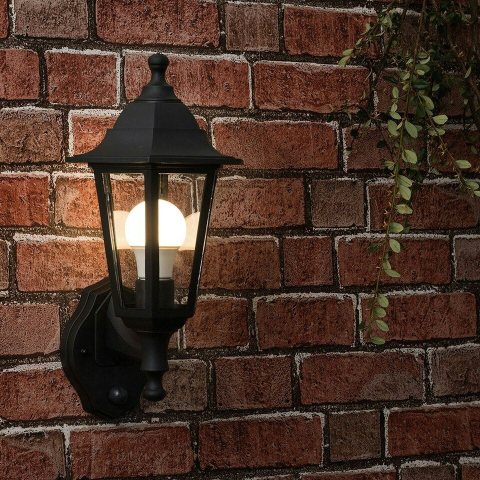 image 1 of ValueLights Black Outdoor Security PIR Motion Sensor IP44 Rated Wall Light Lantern - Complete with 1 x 6w LED ES E27 Bulb Black