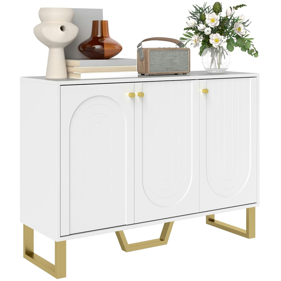 image 1 of HOMCOM Sideboard with Adjustable Shelves & 3 Doors for Living Room, White White | Gold