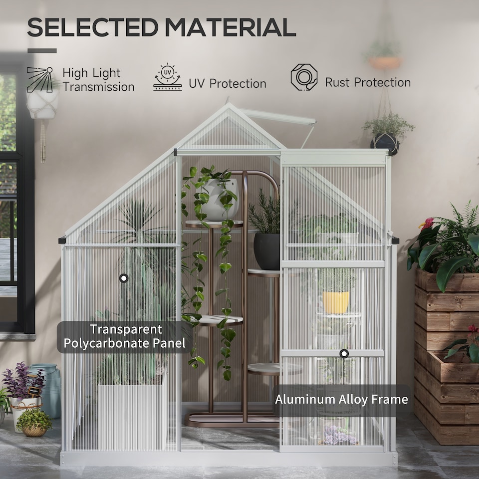image 1 of Outsunny 6 x 6ft Walk-In Polycarbonate Greenhouse with Foundation Window Silver | Silver