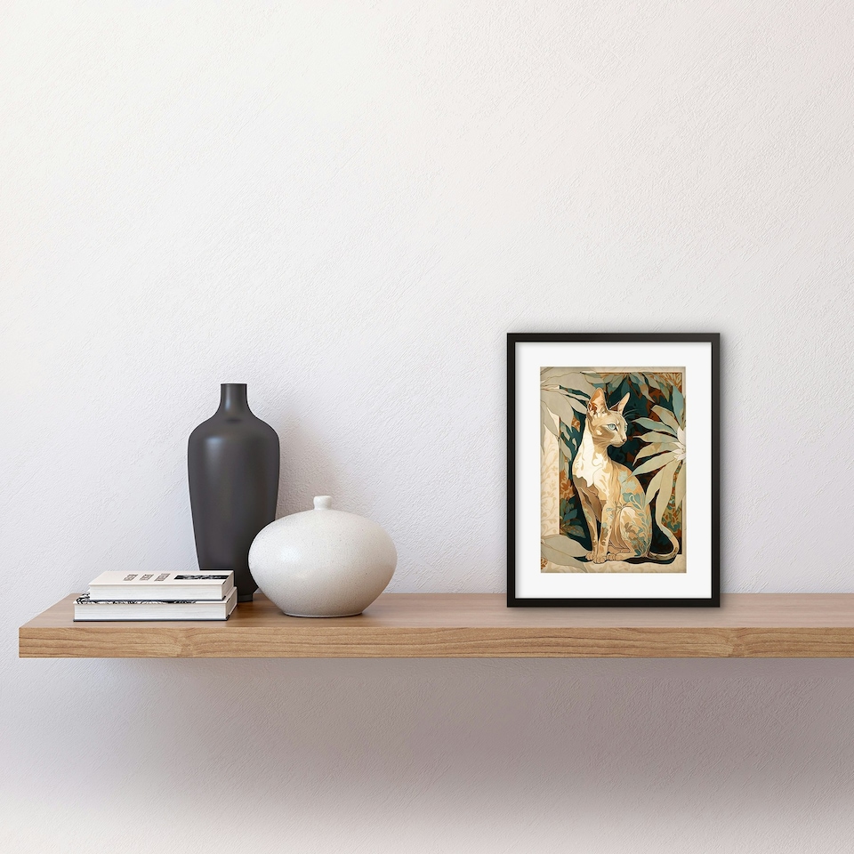 image 1 of Oriental Shorthair Cat Botanical Fur Plants 9x7" Black Framed Wall Art Print