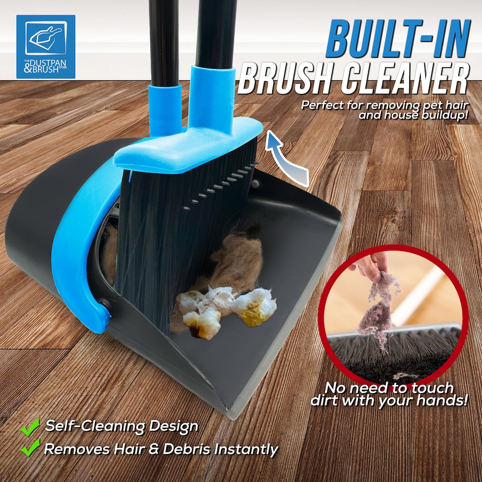 image 1 of Long Handled Dustpan and Brush Set Upright Sweeping Broom with Built-In Bristle Cleaner