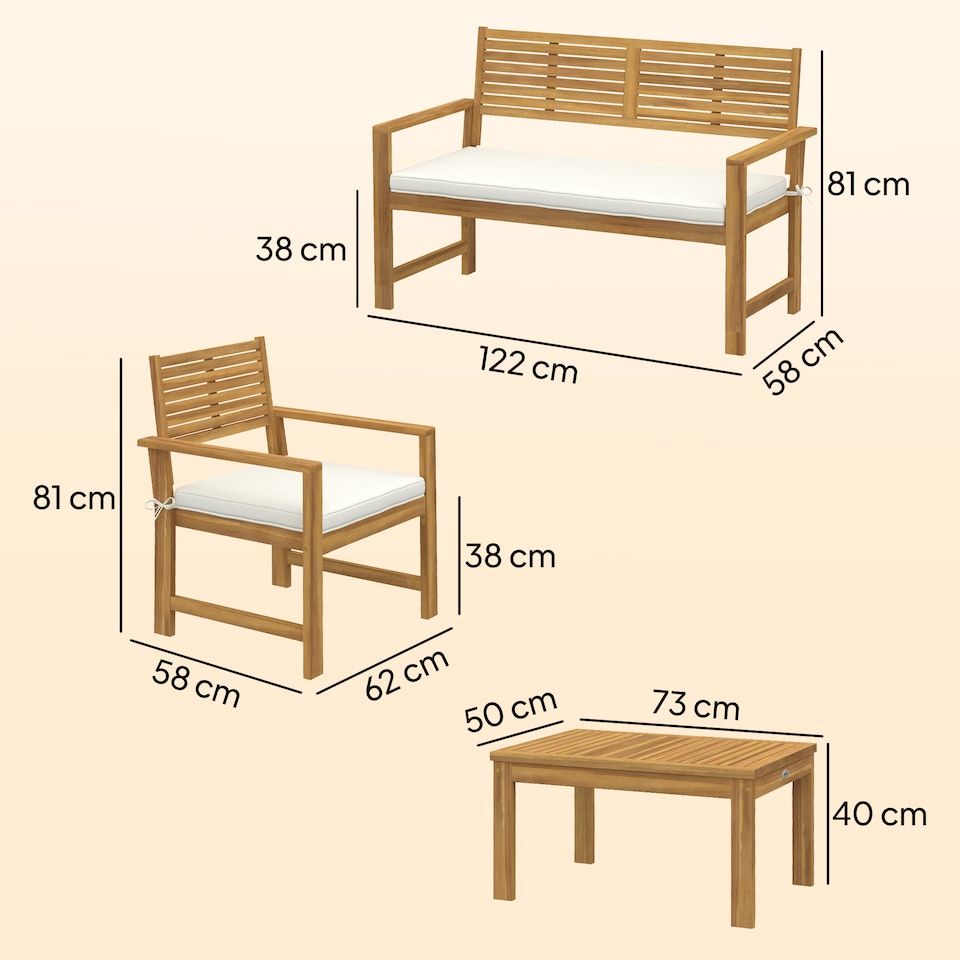 image 1 of Outsunny 4 Seater Wooden Garden Furniture Set with Loveseat, Chairs, Table | Cream | Cream White | Four Seater