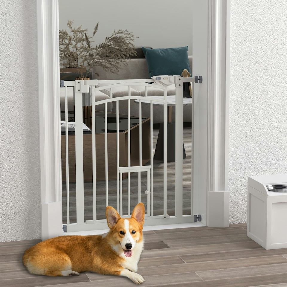 image 1 of PawHut Pressure Fit, Safety Gate Dog Gate w/ Small Cat Door Opening, 74-80cm