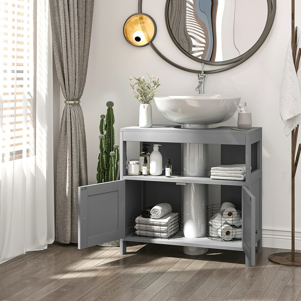 image 1 of kleankin Bathroom Pedestal Under Sink Cabinet with Storage Shelves, Door, Grey Grey | Grey