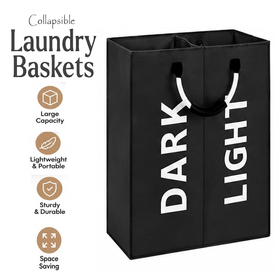 image 1 of Double Collapsible Laundry Basket Bag Divided Clothes Hamper with Handles Foldable Washing Basket for Laundry Sorting Storage