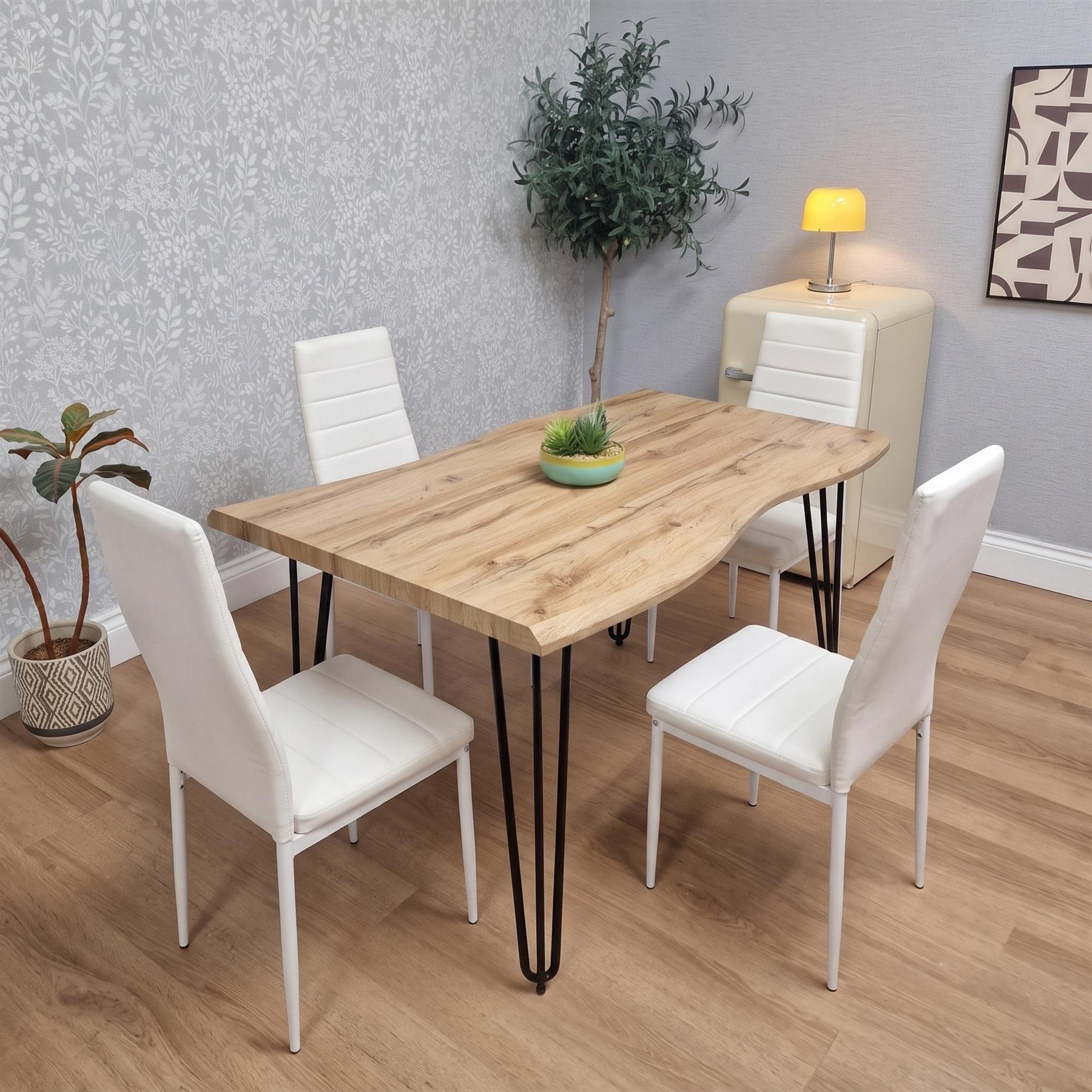 Brown Wooden Dining Table Hairpin Legs with 4 White Faux Leather Chairs - Dining Kitchen Room Furniture