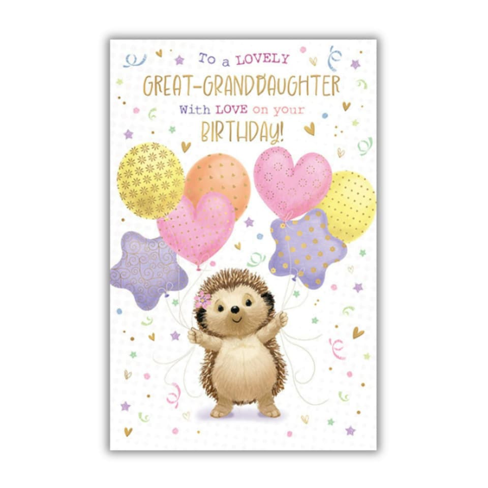 image 1 of Words 'n' Wishes Birthday Card for Great Grandaughter, Cute Hedgehog Holding Balloons, Multicoloured, 21.7 x 14.4 cms