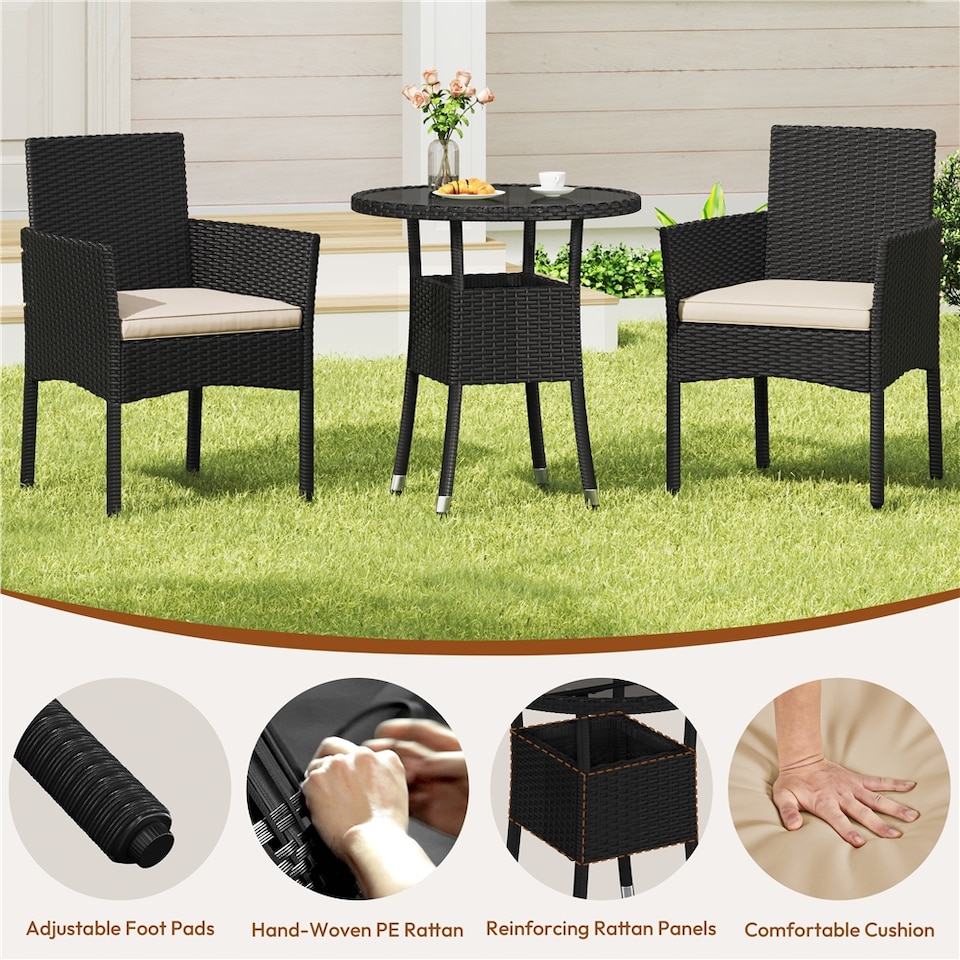 image 1 of Yaheetech 3-Piece Rattan Furniture Set, Woven PE Rattan Chairs & 1 Tempered-Glass Side Table-Black&Beige | Multi | Black/Beige