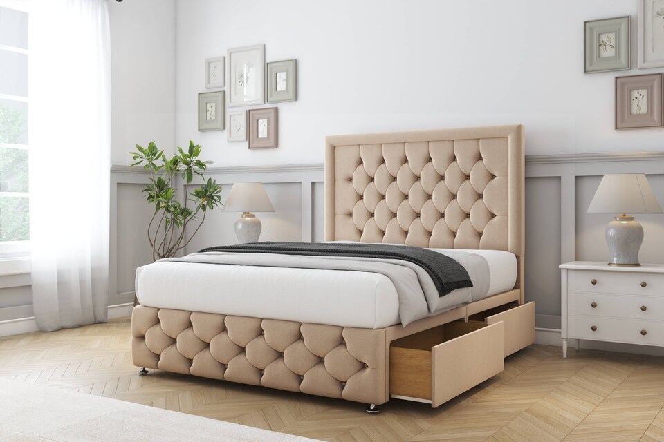 image 1 of Sloomy Vienna Pebble Plush Divan Bed Base 2 Drawers Right Side With 54 Inch Floor Standing Headboard & 12 Inch Matching Footboard | Brown | Pebble | Super King | 1