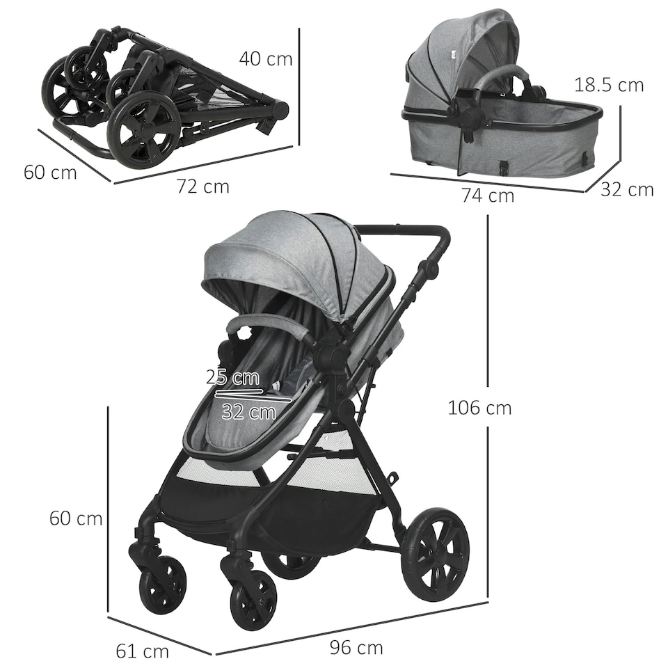 image 1 of HOMCOM 2 in 1 Pushchair Stroller w/ Reversible Seat Single Hand Foldable Grey
