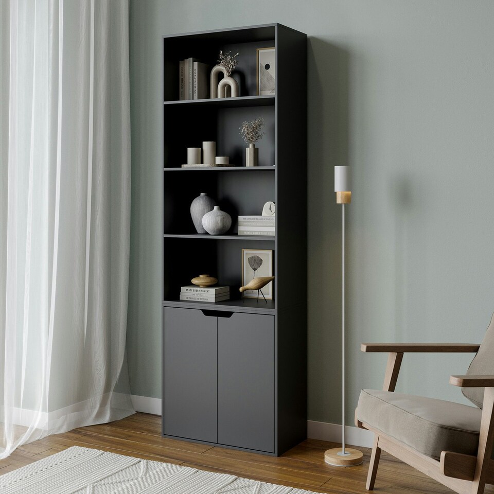 image 1 of 6-Tier Bookcase with 2-Doors Black | Unit Colour: Black