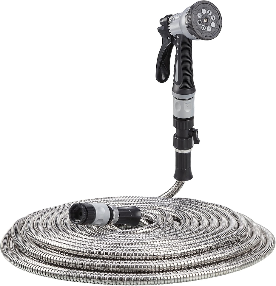 image 1 of Easy Hose Stainless Steel Garden Water Hosepipe Rust Proof & Tangle Free with Hand Held Spray Nozzle (100ft) | Silver