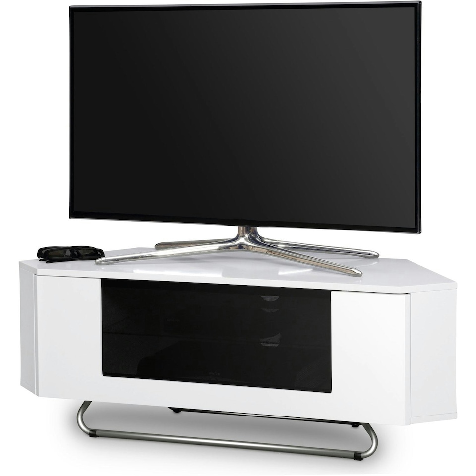 image 1 of Centurion Supports Hampshire Corner-Friendly Gloss White with Black Contrast Beam-Thru Remote Friendly Door 26"-50" Flat Screen TV Cabinet White