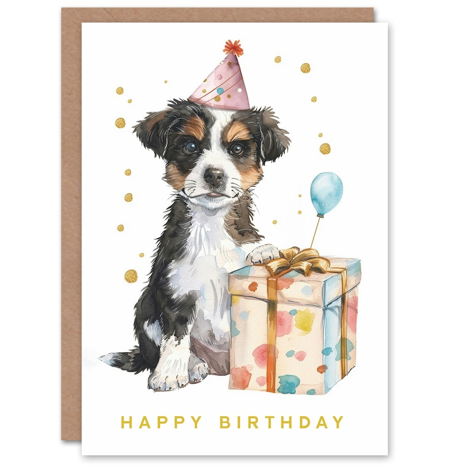image 1 of Cute Pet Puppy Party Hat Balloon Girl Boy Daughter Son Birthday Card