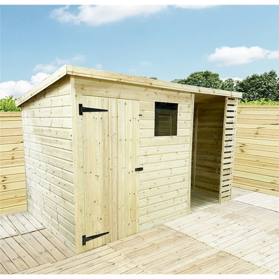 image 1 of 12 x 8 Garden Shed Pressure Treated T&G PENT Wooden Garden Shed + SIDE STORAGE + 1 Window (12' x 8' / 12ft x 8ft) (12 x 8)