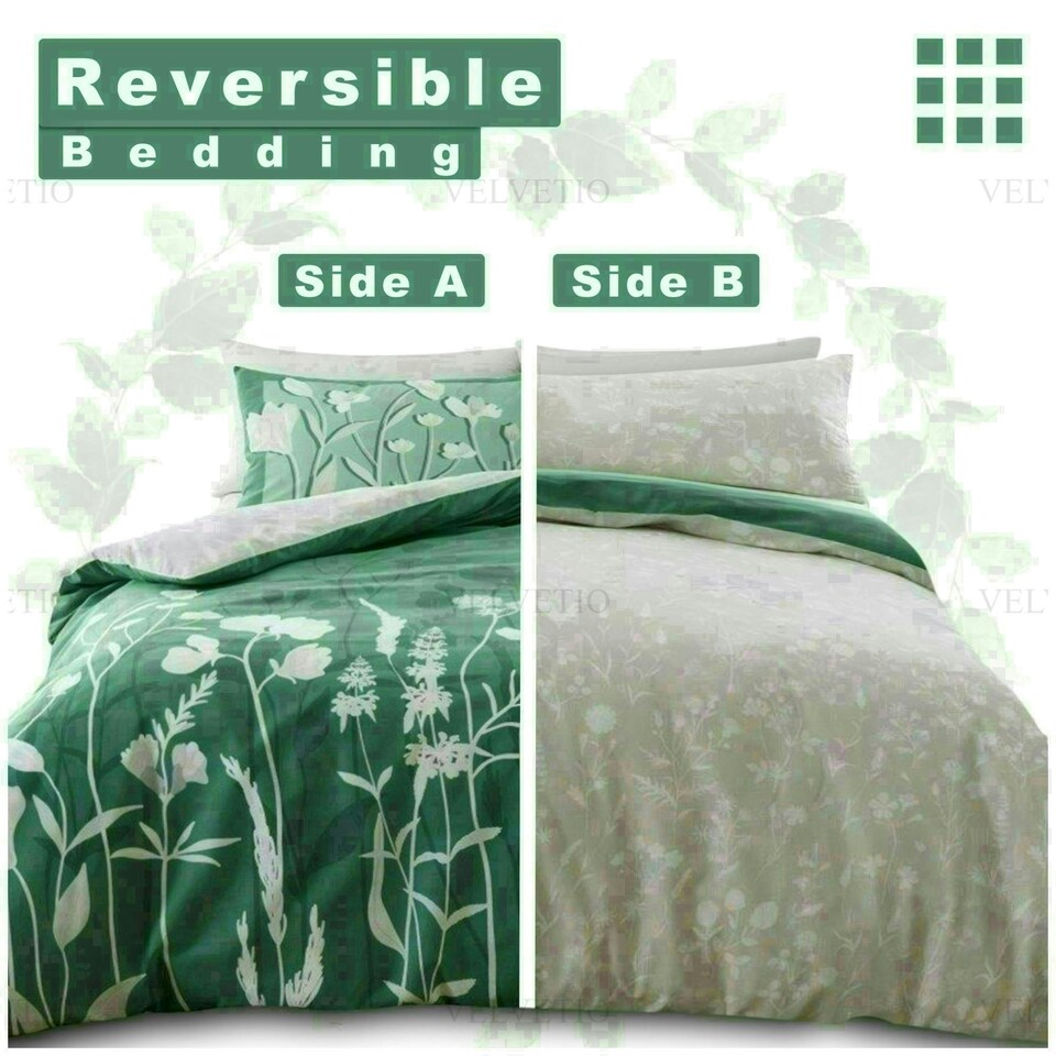image 1 of Gigi Floral Printed Duvet Cover Set Reversible Polycotton Beddings Green | Double