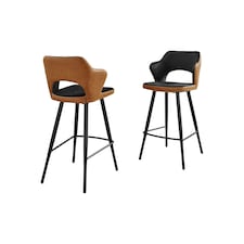 Furniturebox Kai 2x Black Velvet Tan Faux Leather Black Leg Bar Chair