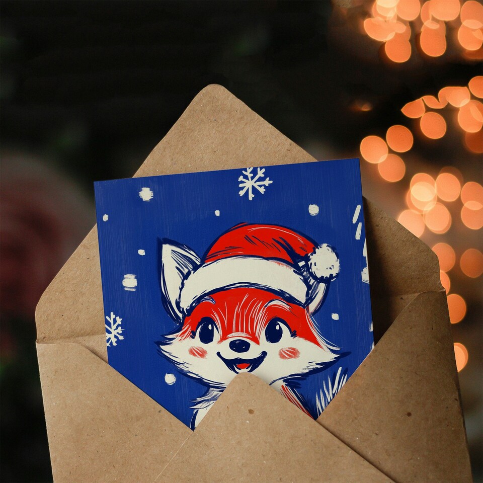 image 1 of Cute Baby Fox With Santa Hat Cartoon For Child Kids Xmas Festive Christmas Card
