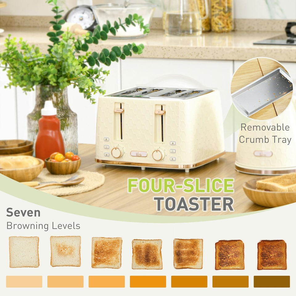 image 1 of HOMCOM 1.7L Kettle and Toaster Set with Defrost Reheat and Crumb Tray Beige
