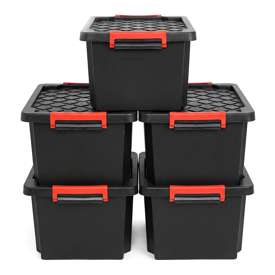 image 1 of 25L Small Heavy-Duty Storage Box with Lid 5 Pack with Handles Durable Plastic Clip Locks Stackable Garage & Outdoor Black