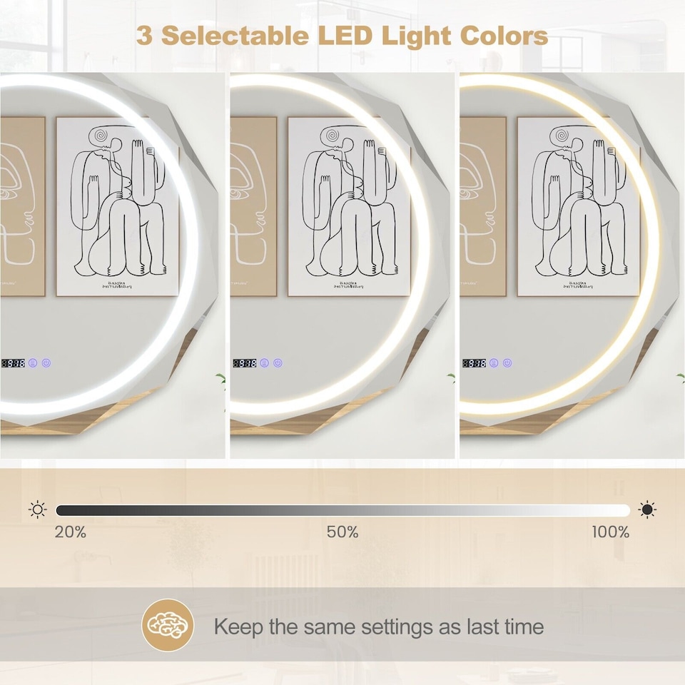 image 1 of COSTWAY 76CM Defog Bathroom Mirror Wall Mounted LED Lighted Mirror