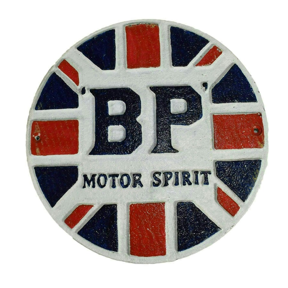 image 1 of BP MotorSpirit Fuel Round Cast Iron Sign Plaque Wall Garage Petrol Workshop GB