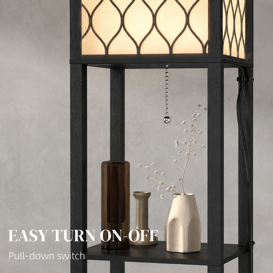 image 1 of HOMCOM Modern Floor Lamp Light with 3 Shelves Fabric Lampshade Black