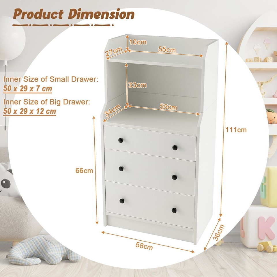 image 1 of COSTWAY 3 Drawer Dresser Utility Storage Organizer Modern Chest of Drawers with Shelves