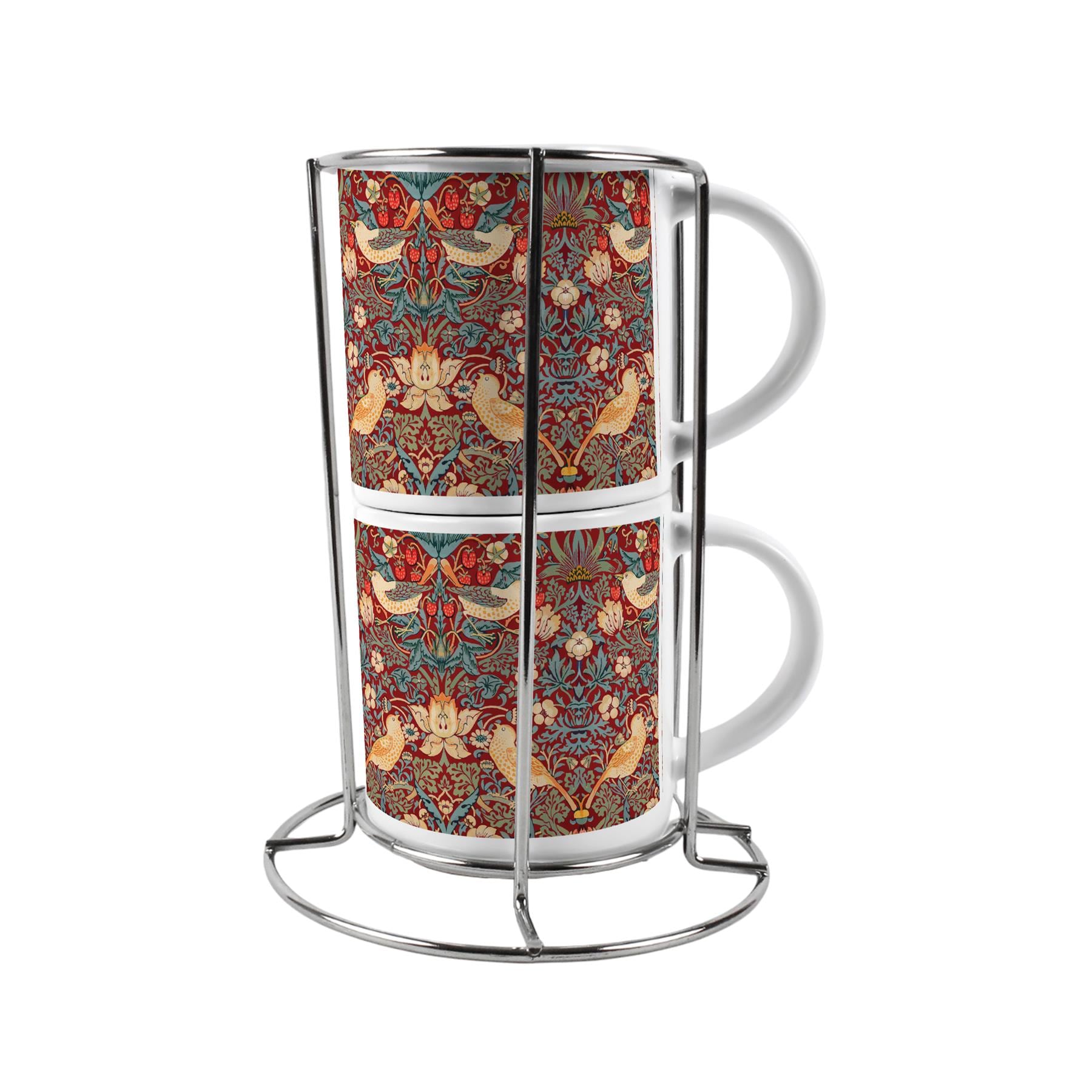 Strawberry Thief Stacking Mugs Set - Red William Morris Decor Gifts Ceramic Cups Set of 2 with Metal Stand White