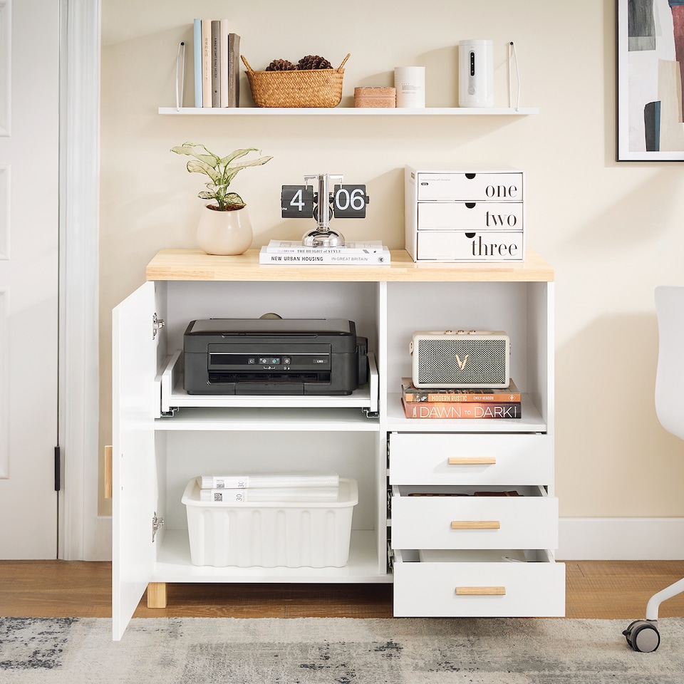 image 1 of SoBuy Printer Stand Under Desk Storage Cabinet with Open Shelf and 3 Drawers, White & Natural Wood, 35.4x17.7x29.5 in, 45.1 kg - ASK07-WN