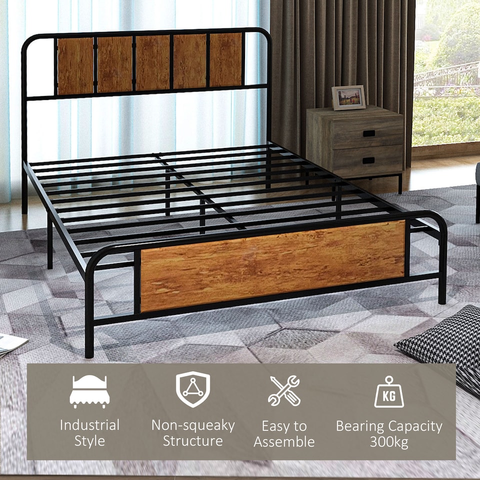 image 1 of HOMCOM 4.8ft Double Bed Frame with Industrial Wood Headboard, Steel Slat Support and 25.5cm Underbed Storage Space, 145 x 197cm, Rustic Brown