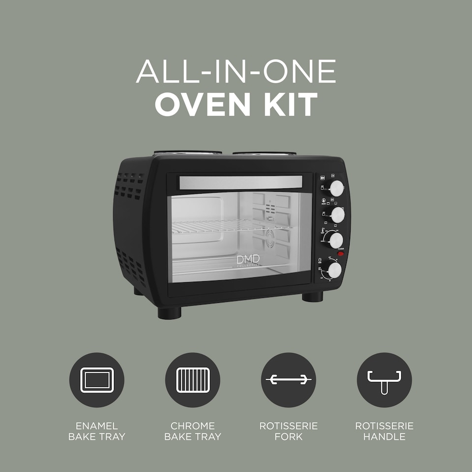 image 1 of DMD 35L Mini Oven with Dual Hot Plates, 100-250°C Temperature Control, 120min Timer, Wire Rack and Baking Tray