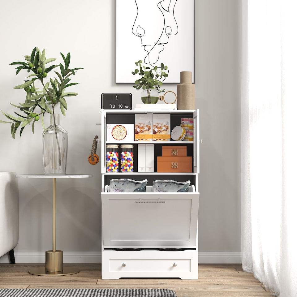 image 1 of PawHut Dog Feeding Station with 2 Storage Cabinets, Dog Food Storage Cabinet with 2 Raised Bowls, Side Hooks, Anti-tip Kit for Water and Feeding Supplies, White