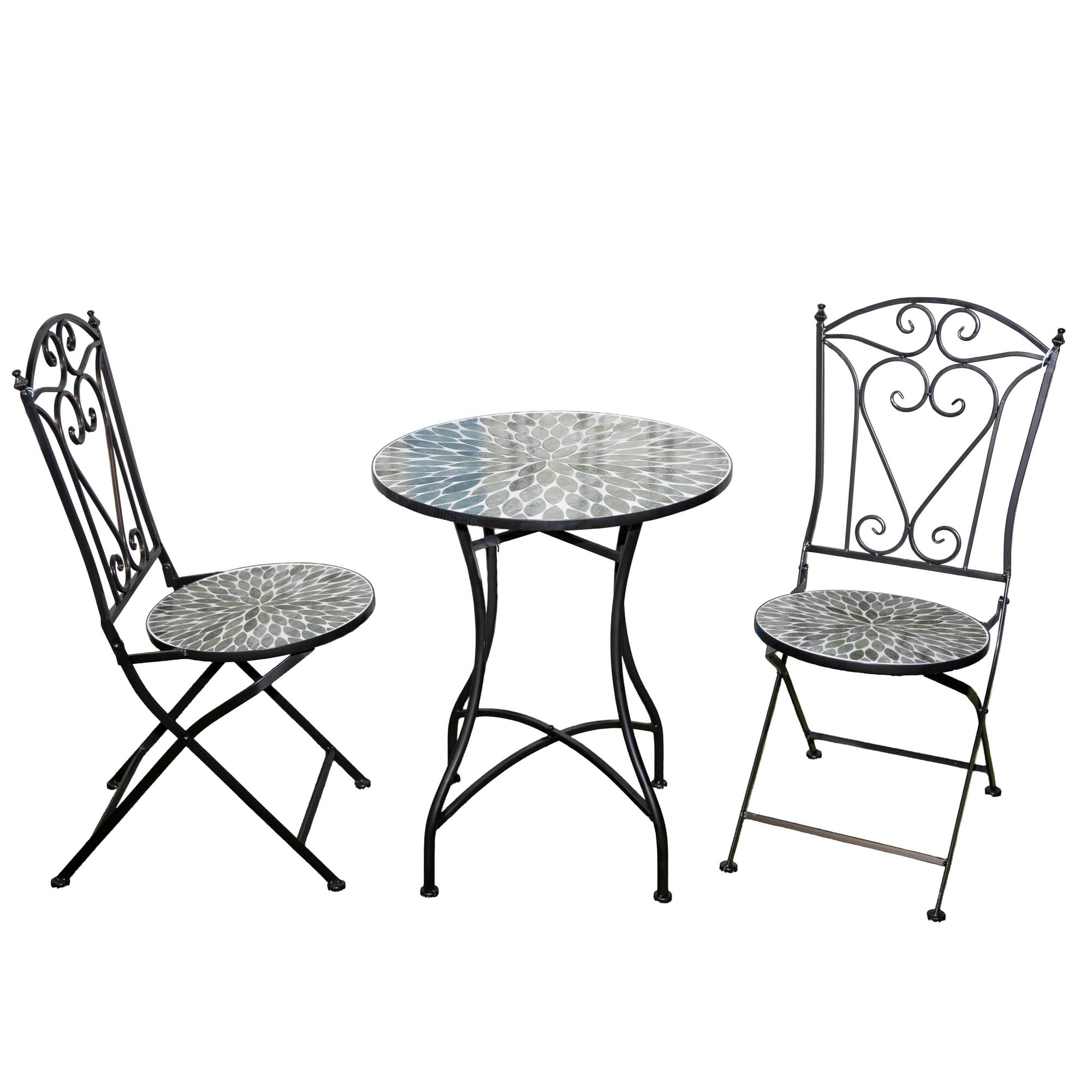 Leaf Mosaic Bistro Set with Folding Chairs, Ceramic Top Outdoor Table and Two Seat Garden Furniture for Patio and Balcony