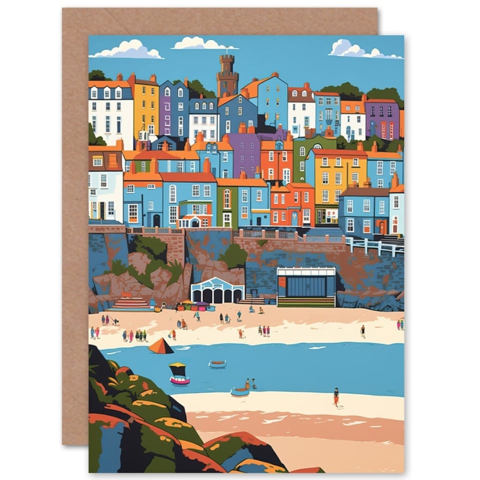 image 1 of Tenby Castle Beach Wales Colourful Townscape Greeting Card