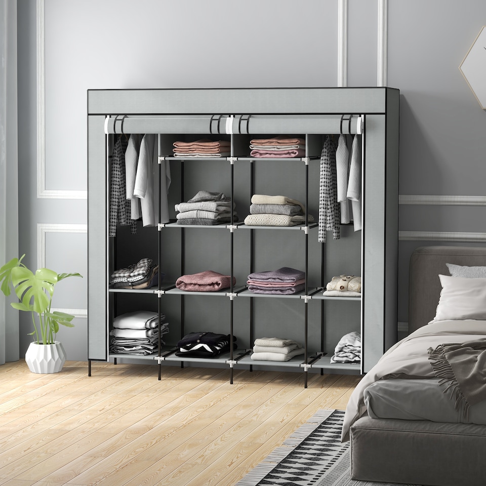image 1 of HOMCOM Fabric Wardrobe for Bedroom, Portable Cloth Wardrobe with 10 Compartments, 2 Hanging Rails and 4 Fabric Drawers, 166 x 42.5 x 169.5cm, Dark Grey | Grey | Dark Grey