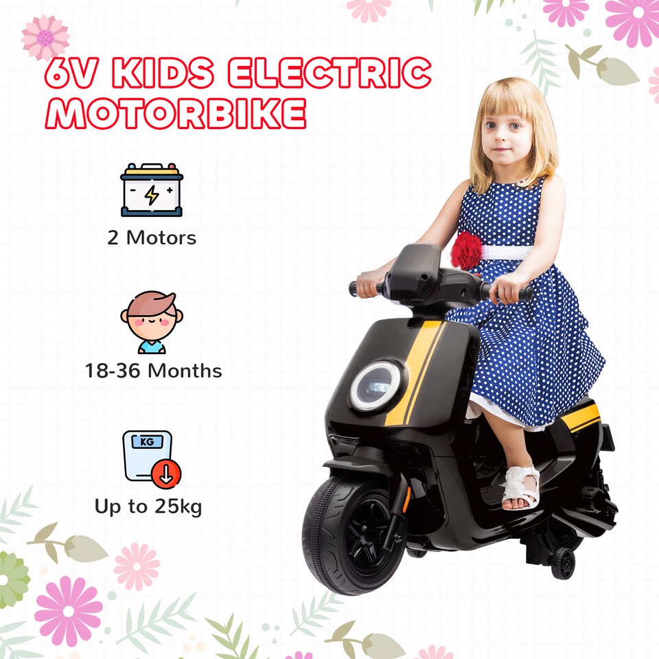 image 1 of AIYAPLAY 6V Kids Electric Motorbike, Ride on Motorbike with Headlight, Music, Forward Reverse, Training Wheels, for Ages 18-36 Months, Black