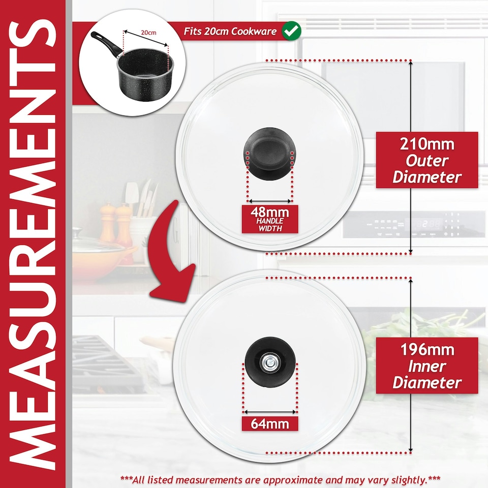 image 1 of SPARES2GO Glass Cookware Lid + Curved Handle Tempered Pan Pot Dish Cover Replacement Kit (20cm)