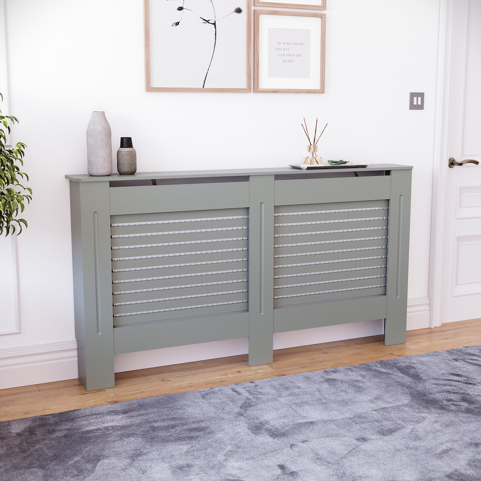 image 1 of Vida Designs Milton Radiator Cover Painted MDF Slatted Cabinet, Grey, 152cm