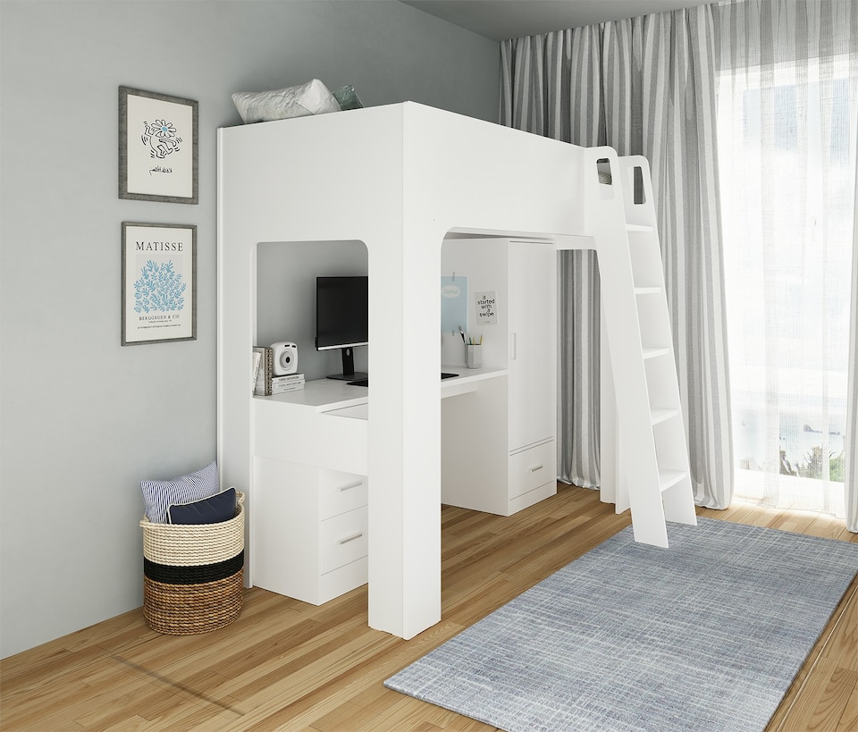 image 1 of Eden High Sleeper Bed in White with Desk and Storage | White | Single