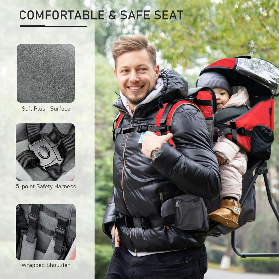 image 1 of HOMCOM Baby Hiking Backpack Carrier w/ Detachable Rain Cover for Toddlers Red Red | One Size