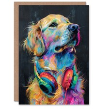Colourful Golden Retriever Headphones Lover Birthday Card