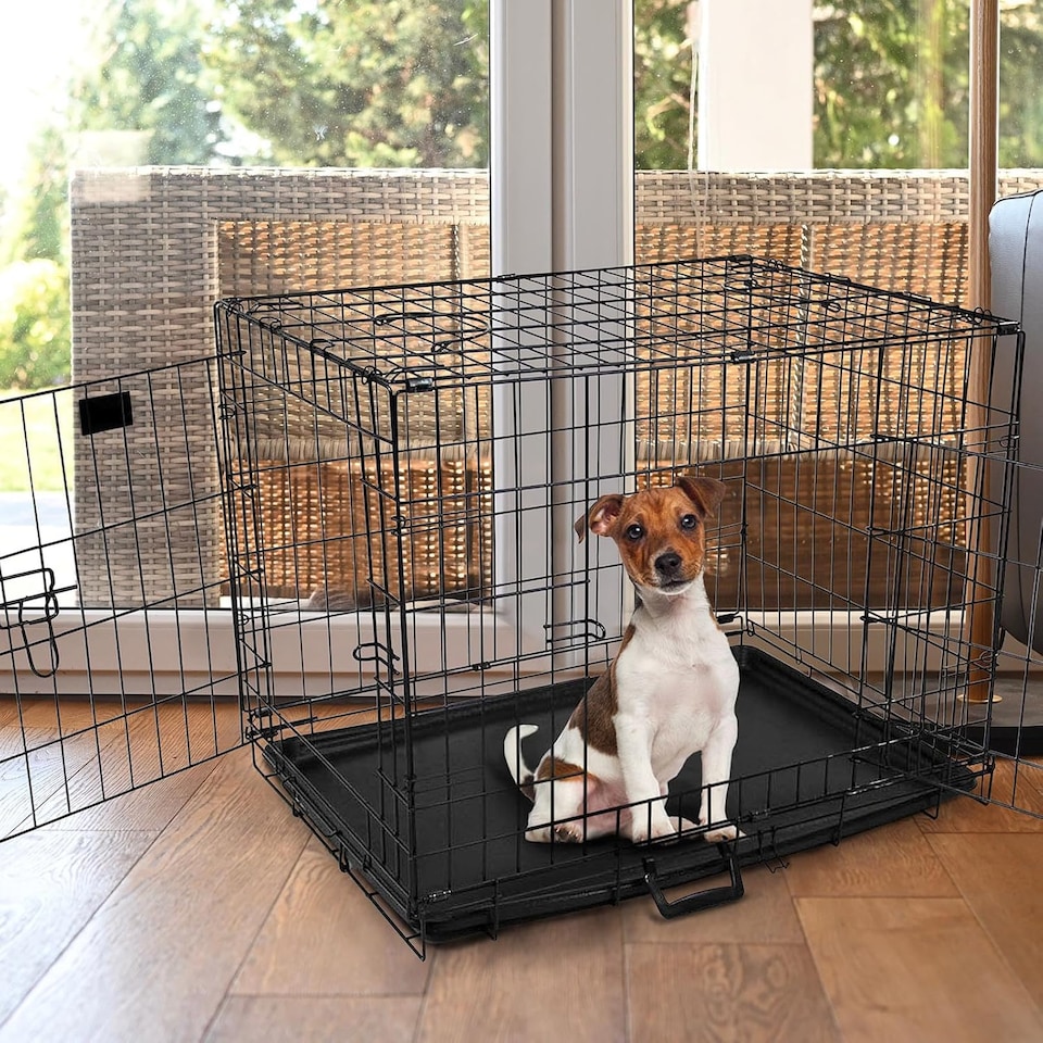 image 1 of Actiaspet Foldable Metal Dog Cage Crate with Tray Black Multiple Sizes (Black, Small)