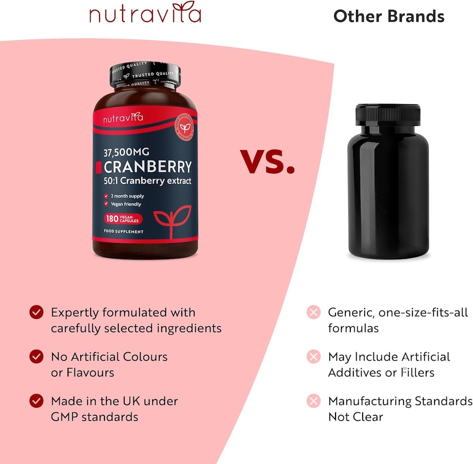 image 1 of Nutravita Max Strength Cranberry 37,500mg - Daily Supplement for Women - 50:1 Pure Cranberry Extract Supplement - Made in The UK - 180 Vegan Capsules