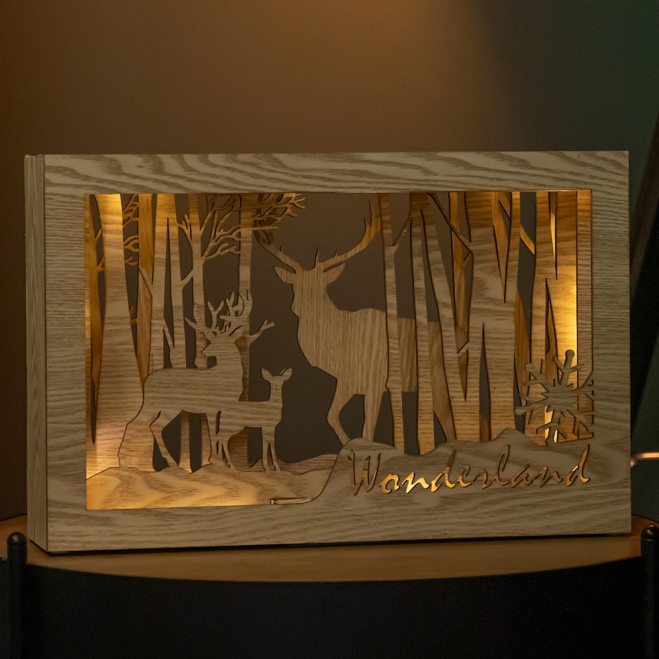 image 1 of 37cm Battery Operated Light up Wooden Christmas Reindeer Scene with Warm White LEDs