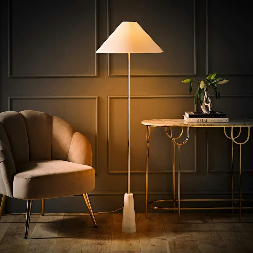 image 1 of ValueLights Margot White Marble Base Floor Lamp with a Linen Tapered Lampshade - Bulb Included Cream