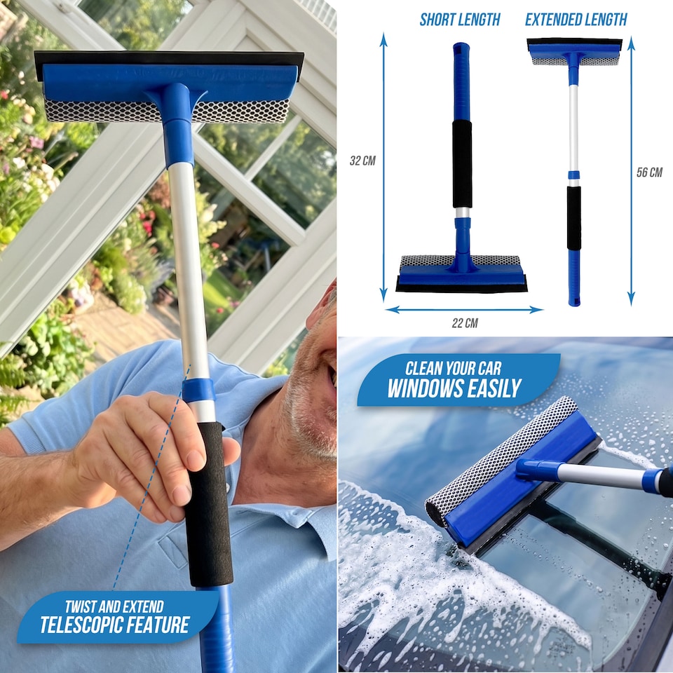 image 1 of Telescopic 2-in-1 Window Squeegee Extendable Glass Cleaner with Sponge Scrubber