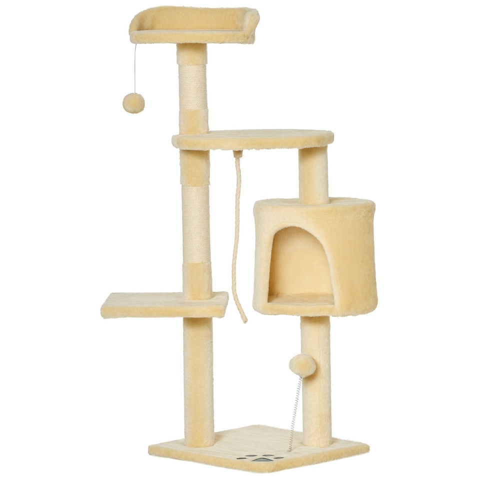 image 1 of PawHut Pet Activity Centre Cat Tree Condo with Scratching Post 4-Tier Beige