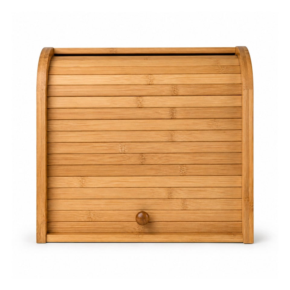 image 1 of Double Layer Roll Top Bamboo Wooden Bread Bin Kitchen Storage | Brown