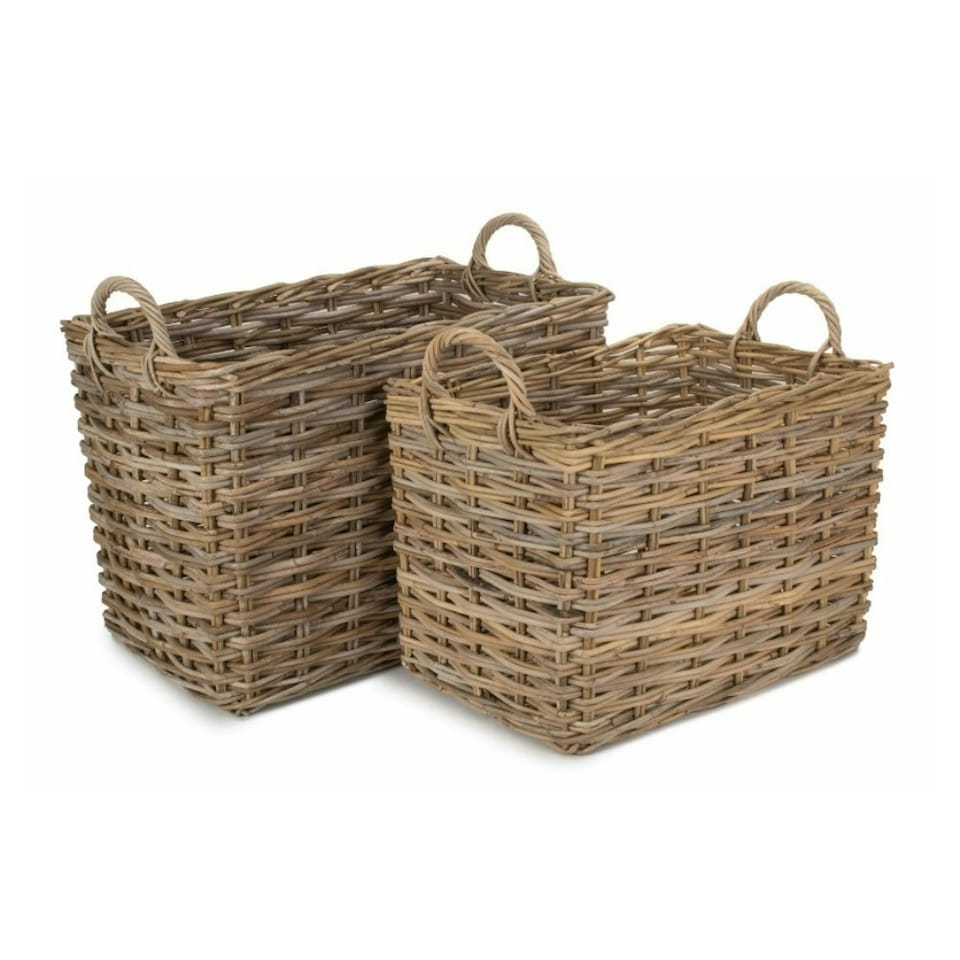 image 1 of Set of 2 Rectangular Grey Rattan Hallway Log Basket